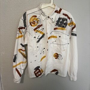 VTG Fantastic Hand Painted Abstract Artwear Button Denim Jacket Shirt Large 80s
